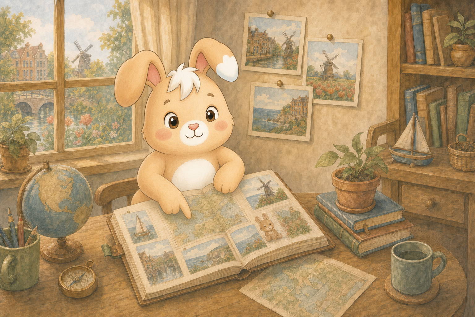 Nino explores a travel journal at his desk, surrounded by maps, books and a globe