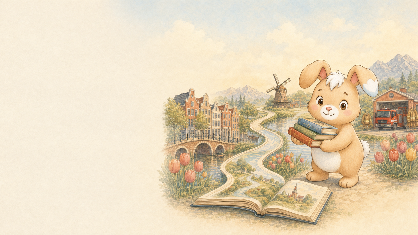 Nino carries a stack of books beside a storybook journey through countries and professions
