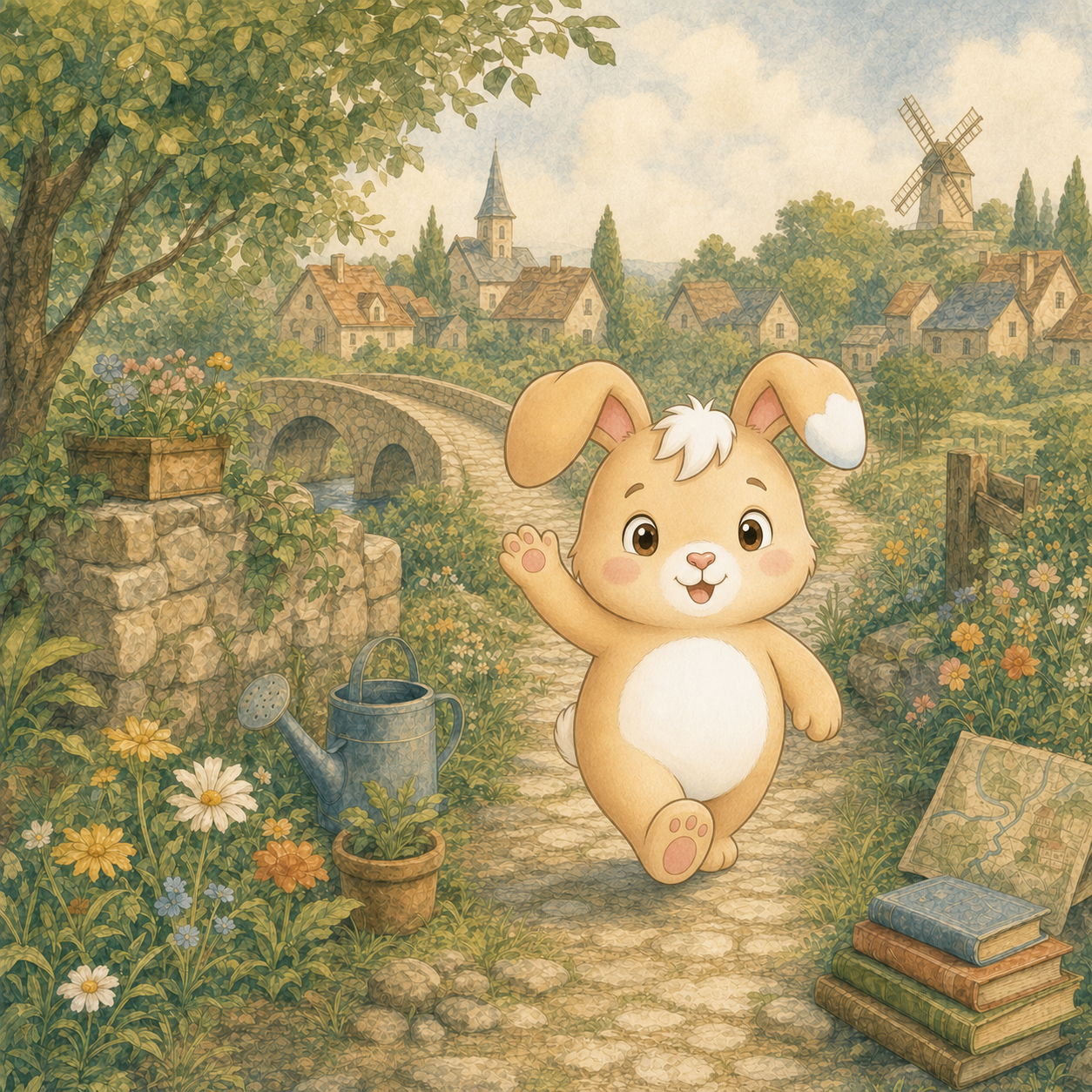 Nino waves hello while walking along a flower-filled village path